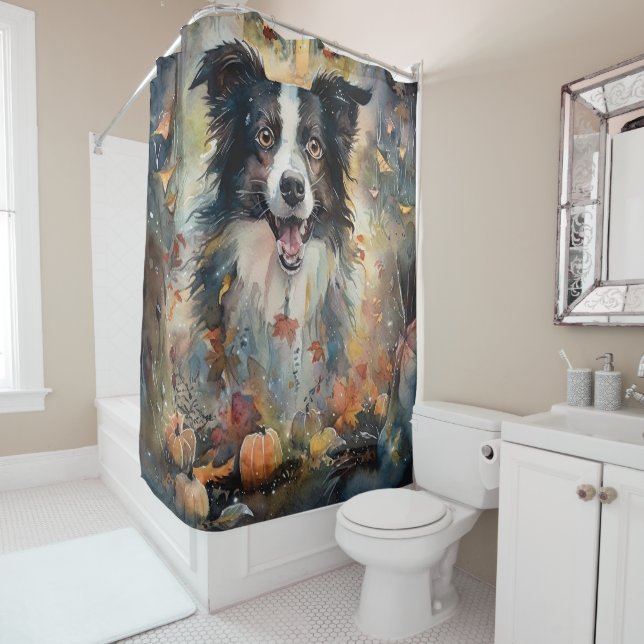 Cortina Para Box Halloween Border Collie Com Pumpkins Assustado (In Situ)