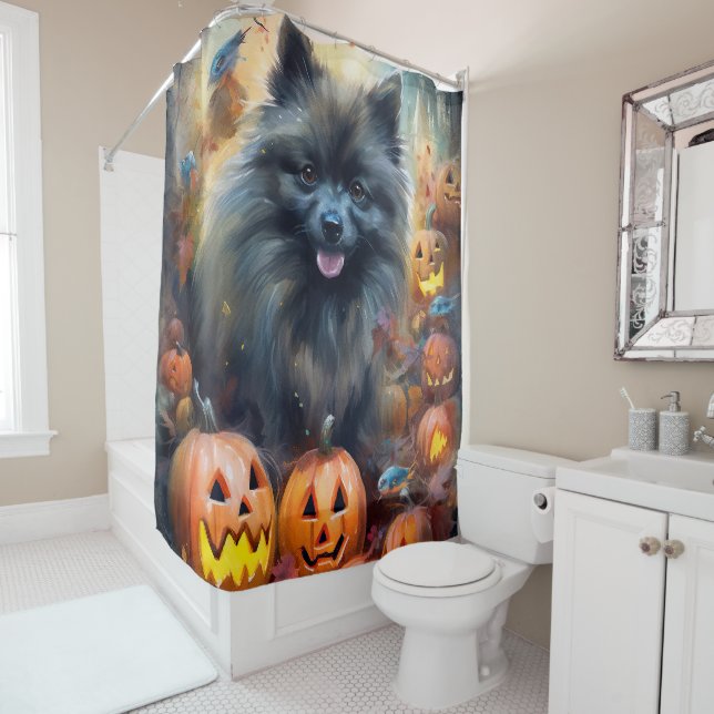 Cortina Para Box Halloween Keeshond Com Pumpkins Assustado (In Situ)