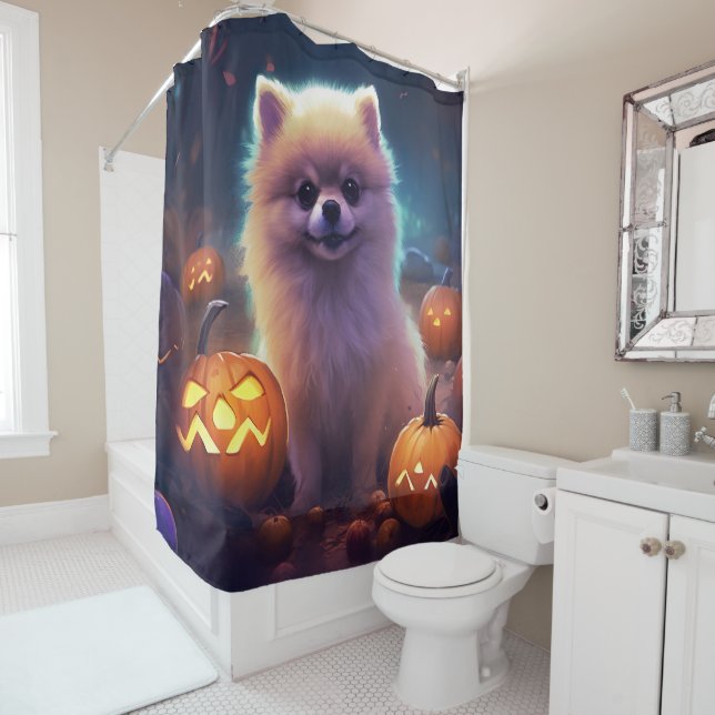 Cortina Para Box Halloween Pomeranian Com Pumpkins Assustado (In Situ)