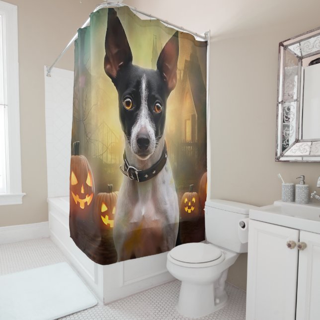 Cortina Para Box Halloween Rat Terrier Com Pumpkins Assustado (In Situ)