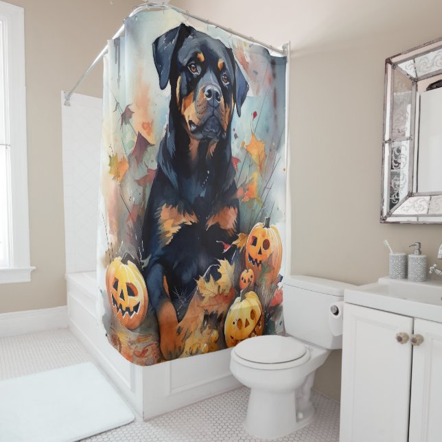 Cortina Para Box Halloween Rottweiler Com Pumpkins Assustado (In Situ)