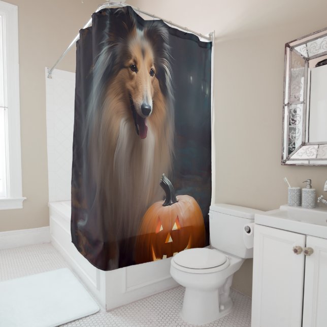 Cortina Para Box Halloween Rough Collie Com Pumpkins Assustado (In Situ)