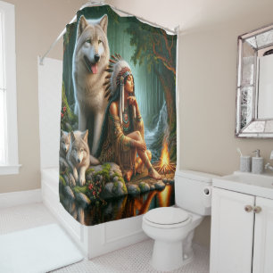 Cortina Para Box Harmonia entre índio nativo e lobo na natureza