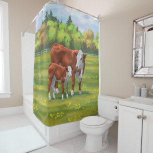 Cortina Para Box Hereford Cow & Cute Calf na Pastagem de Verão