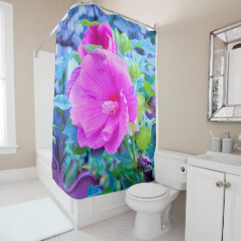 Cortina Para Box Hibisco Rosa Elegante com Folhagem Azul ondulada