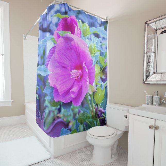 Cortina Para Box Hibisco Rosa Elegante com Folhagem Azul ondulada (In Situ)