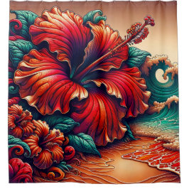 Cortina Para Box "Hibiscus and Ocean Waves - Vibrant Floral Art"