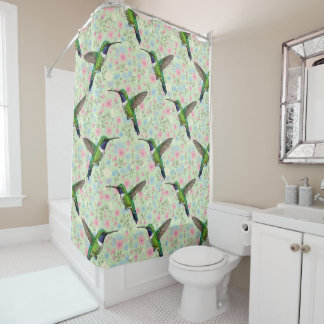 Cortina Para Box Hummingbirds on a floral background shower curtain