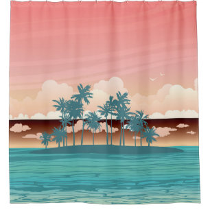 Cortina Para Box Ilha do coco Verde: Ilustração do pôr do sol.