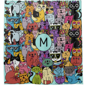 Cortina Para Box Ilustração de Gatos Engraçados com Monograma Perso
