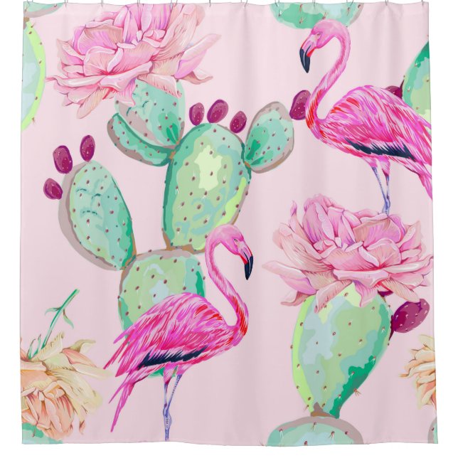 Cortina Para Box Inflamingo rosa, aves exóticas, flores suaves, ros (Frente)