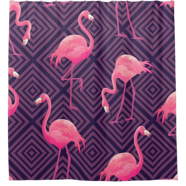 Cortina Para Box Inflamingos, fundo geométrico roxo. (Frente)