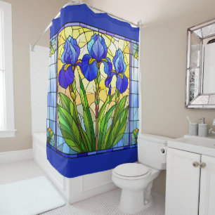 Cortina Para Box Íris Azul Artística Floral Vidro Manchado
