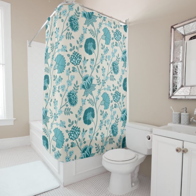Cortina Para Box Jacobean Floral Big Pattern Teals em Creme (In Situ)