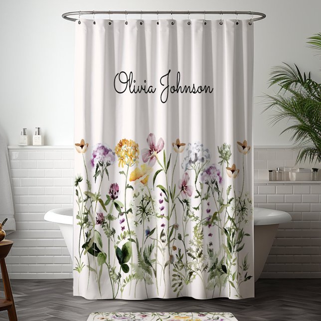 Cortina Para Box Jardim de Flores Silvestres com Nome Personalizado (In situ bathroom)
