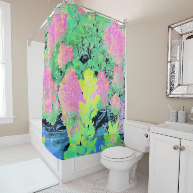 Cortina Para Box Jardim de Hydrangea rosa com folhagem amarela (In Situ)