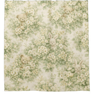 Cortina Para Box Jardim Floral Bunny Bear Padrão Verde Neutro