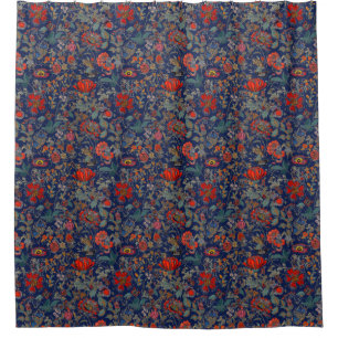 Cortina Para Box Jardim Floral em Reds sobre fundo azul escuro