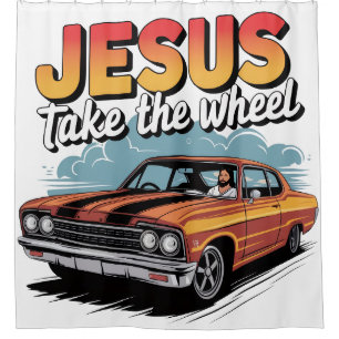 Cortina Para Box Jesus Assume o Volante Carro Musculoso Vintage