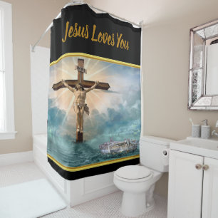Cortina Para Box Jesus que pendura de uma cruz cristã da