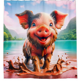 Cortina Para Box "Joyful Piglet in Mud Bath - Whimsical Fazenda Art