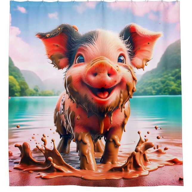Cortina Para Box "Joyful Piglet in Mud Bath - Whimsical Fazenda Art (Frente)