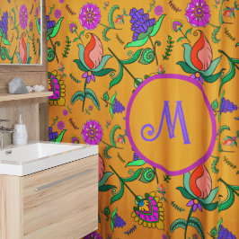 Cortina Para Box Kalamkari Colorida Flores Amarelas Verde de Fundo