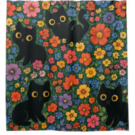 Cortina Para Box Kawaii Garden Art | Cute Black Cat Floral Pattern