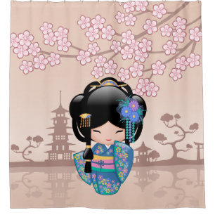 Cortina Para Box Keiko Kokeshi Doll Blue Kimono Geisha Girl Beige