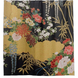 Cortina Para Box Kimono Floral Japonês Tradicional Preto e Dourado