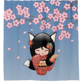 Cortina Para Box Kitsune Kokeshi Doll Black Fox Geisha Girl Blue