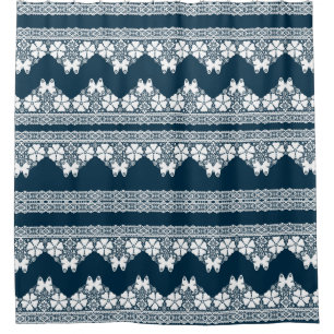 Cortina Para Box Lace branco retrô com borboletas em azul escuro b
