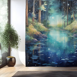 Cortina Para Box Lago da Floresta Encantada em Aquarela