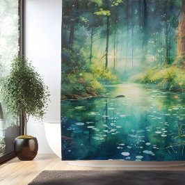 Cortina Para Box Lago da Floresta Encantada em Aquarela