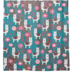 Cortina Para Box Lama (alpaca) floral e Grunge de turquesa