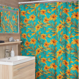 Cortina Para Box Laranja Floral Tropical Turquoise