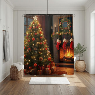 Cortina Para Box Lareira Clássica Aconchegante & Árvore de Natal