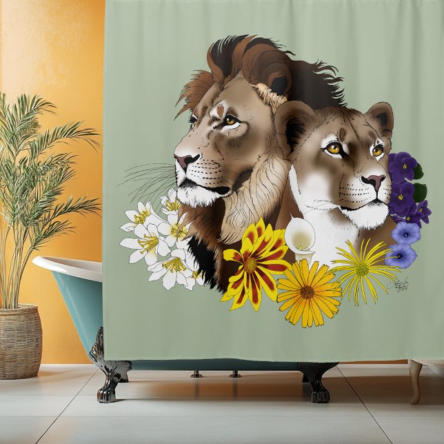Cortina Para Box Leão Leoa Floral Verde  (Criador carregado)