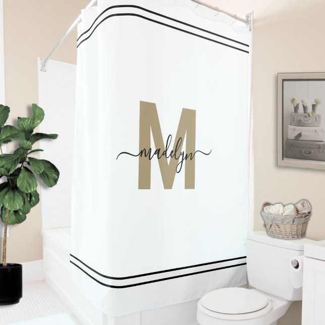 Cortina Para Box Letra Elegante em Ouro Branco com Monograma Femini (Elegant Script White Gold Monogram Name Feminine Shower Curtain)