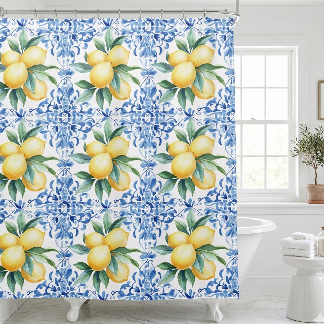 Cortina Para Box Limão Azul Mediterrâneo (mediterranean citrus lemon blue tile french country shower curtain)