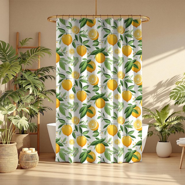 Cortina Para Box Limão de Citros do Mediterrâneo (Mediterranean Citrus Lemon Shower Curtain in a boho mocha bathroom with tropical botanicals)