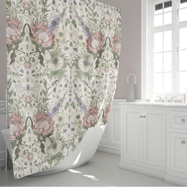 Cortina Para Box Linda Aquarela Floral (Elegant Butterflies Floral Protea Anemone Larkspur Shower Curtain from Studio Posies.)