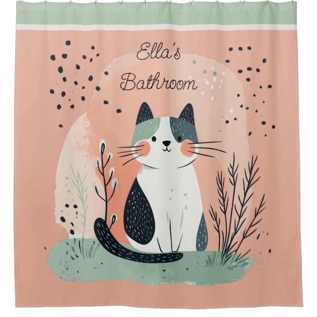 Cortina Para Box Linda Gatinha Boho com Nome Pêssego e Verde (Frente)