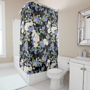 Cortina Para Box Lindas Flores Lilás Rosas Roxos Azul em Preto