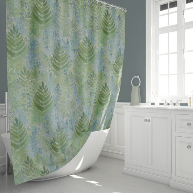 Cortina Para Box Lindos Blues Botânicos Verdes (Delicate Fern Leaves In Shades Of Blues And Greens Shower Curtain from Studio Posies.)