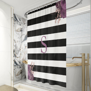 Cortina Para Box Listra Preto Branco Monograma Floral Rosa Dourado 
