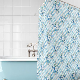 Cortina Para Box Listras diagonais florais em aquarela azul branco