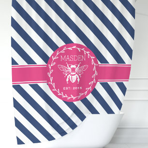 Cortina Para Box Listras Rosa e Azul Marinho com Monograma de Abelh