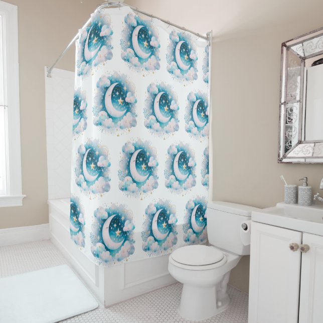 Cortina Para Box Lua Crescente Azul e Branco Celestial Boho Moderno (In Situ)