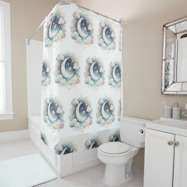 Cortina Para Box Lua Crescente Azul e Branco Celestial Boho Moderno (In Situ)